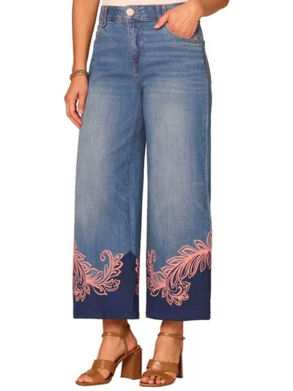 Democracy Wide Leg Pink Floral Paisley Detail Hem Ab Solution Jeans Size 16